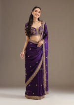 Thumbnail for Evanik Purple Fendy Satin Silk With Sequence Work Saree With Unstitched Blouse - Distacart