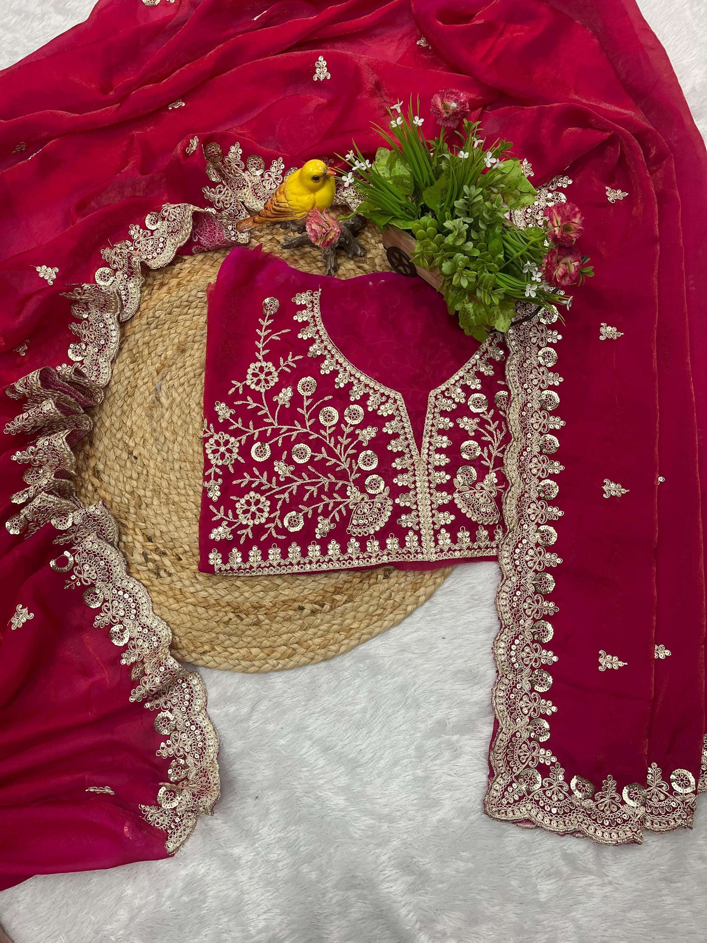 Evanik Ranipink Fendy Satin Silk With Sequence Work Saree With Unstitched Blouse - Distacart