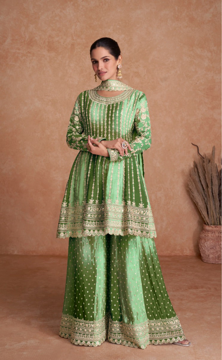 Lorenvalley Women Shaded Green Chinon Silk Fabric Embroidered Kurta Palazzo & With Dupatta - Distacart
