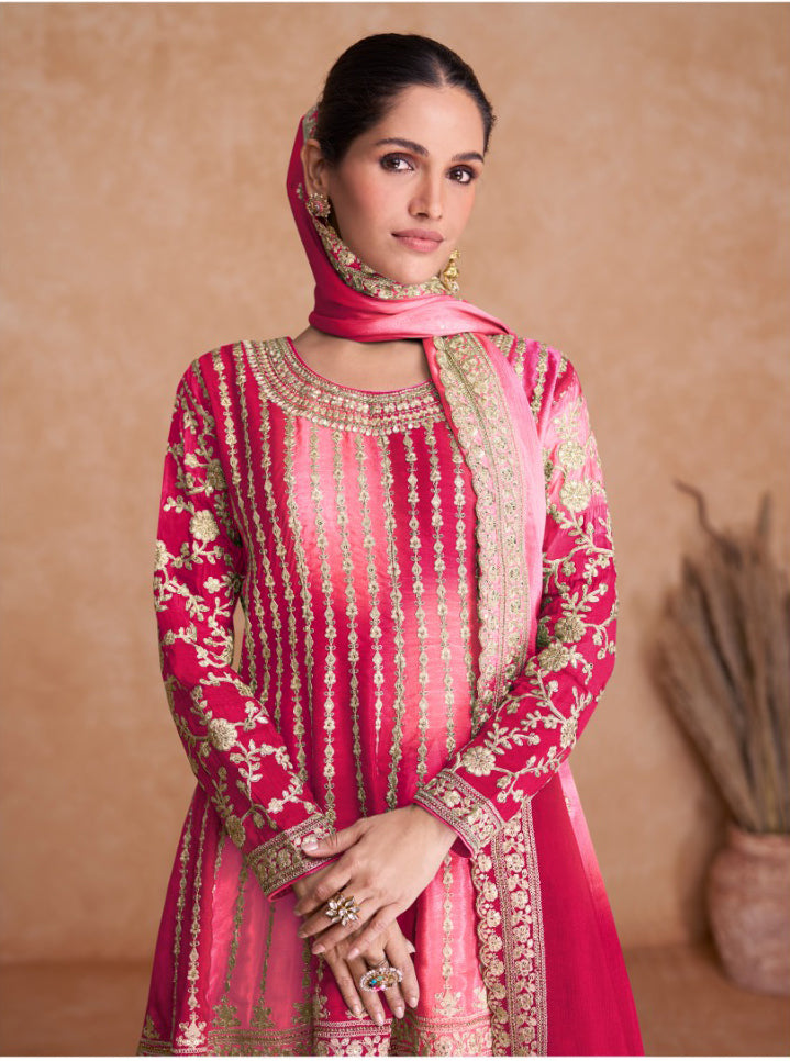 Lorenvalley Women Shaded Pink Chinon Silk Fabric Embroidered Kurta Palazzo & With Dupatta - Distacart