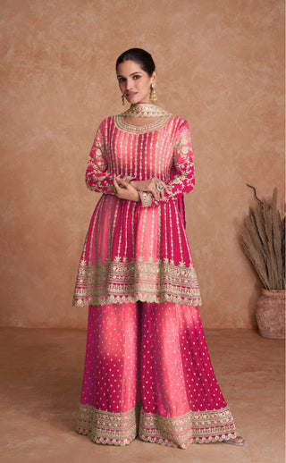 Lorenvalley Women Shaded Pink Chinon Silk Fabric Embroidered Kurta Palazzo & With Dupatta - Distacart