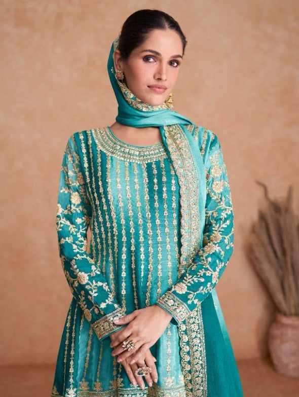 Lorenvalley Women Shaded Skyblue Chinon Silk Fabric Embroidered Kurta Palazzo & With Dupatta - Distacart