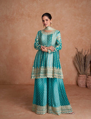 Lorenvalley Women Shaded Skyblue Chinon Silk Fabric Embroidered Kurta Palazzo & With Dupatta - Distacart
