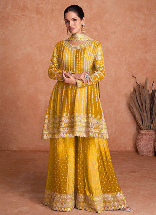 Lorenvalley Women Shaded Yellow Chinon Silk Fabric Embroidered Kurta Palazzo & With Dupatta - Distacart