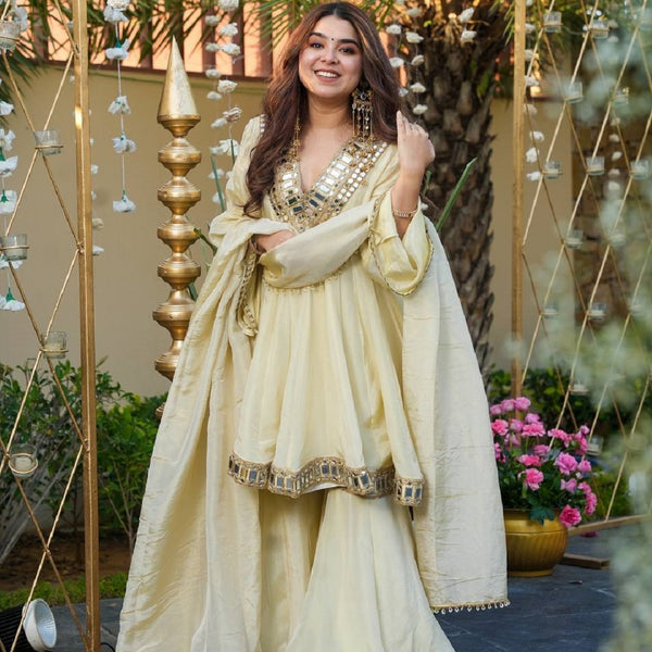 Evanik Women Off White Kedia Style Real Mirror Work Wedding Sharara Suit