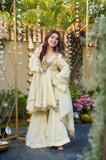Thumbnail for Evanik Women Off White Kedia Style Real Mirror Work Wedding Sharara Suit
