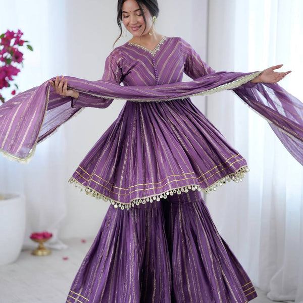 Evanik Lavender Mal Chanderi With Mirror & hand work Sharara Suit