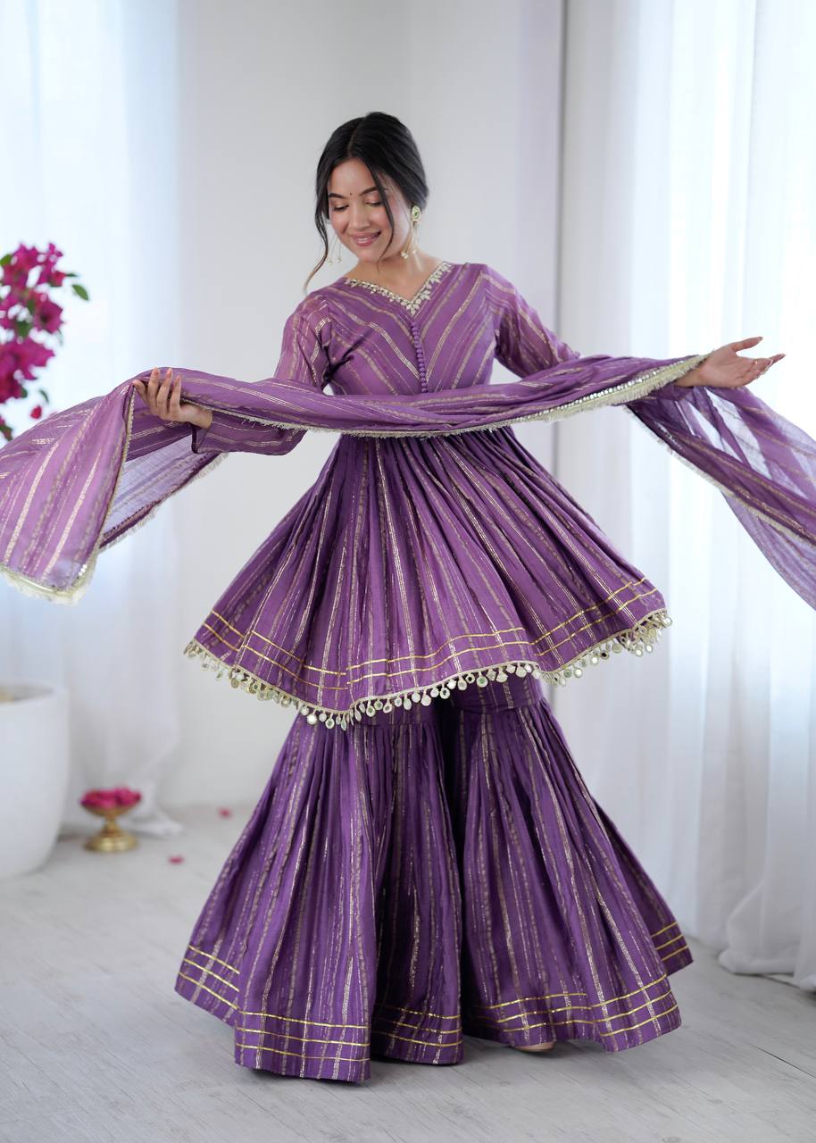 Evanik Lavender Mal Chanderi With Mirror & hand work Sharara Suit - Distacart