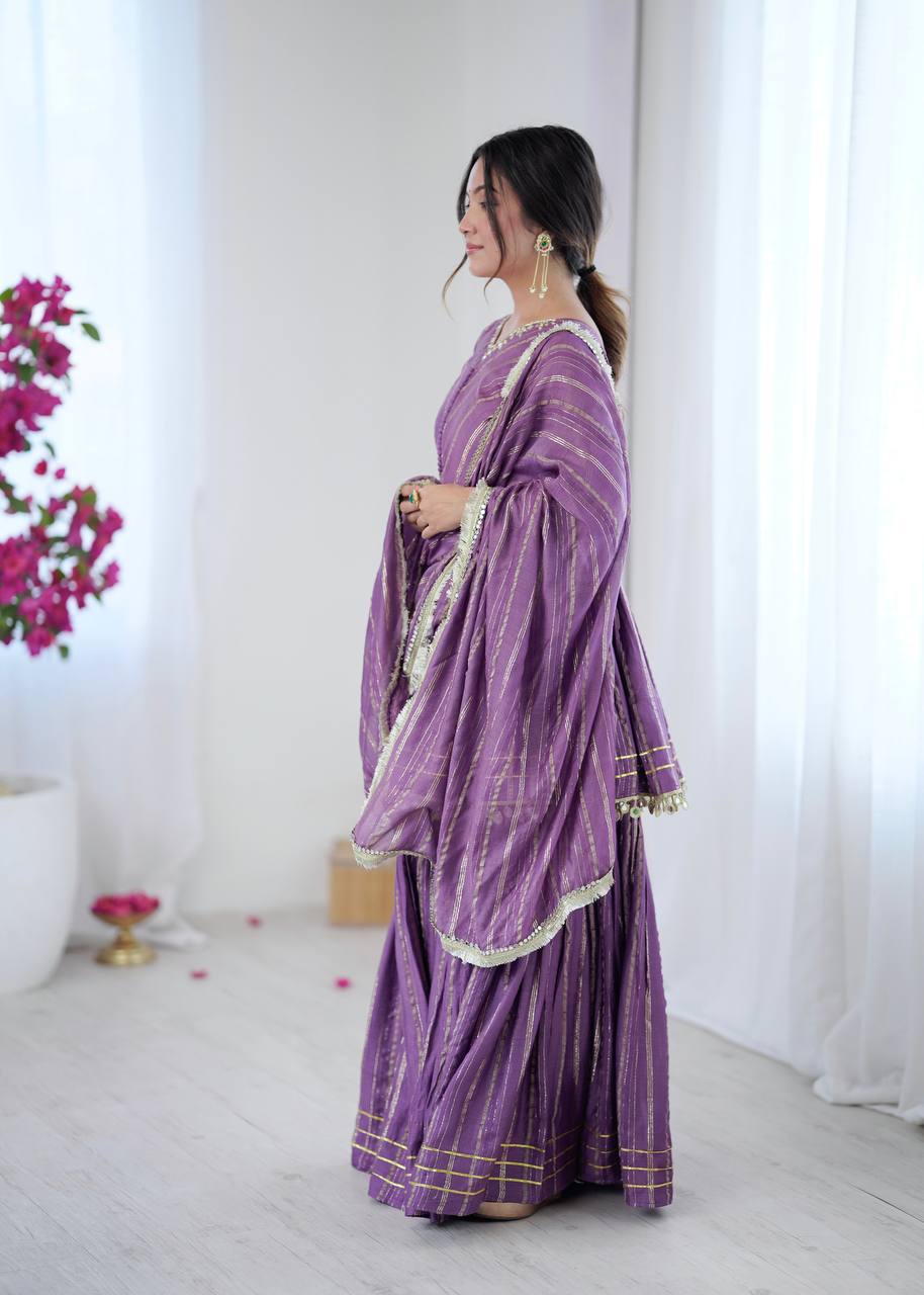 Evanik Lavender Mal Chanderi With Mirror & hand work Sharara Suit
