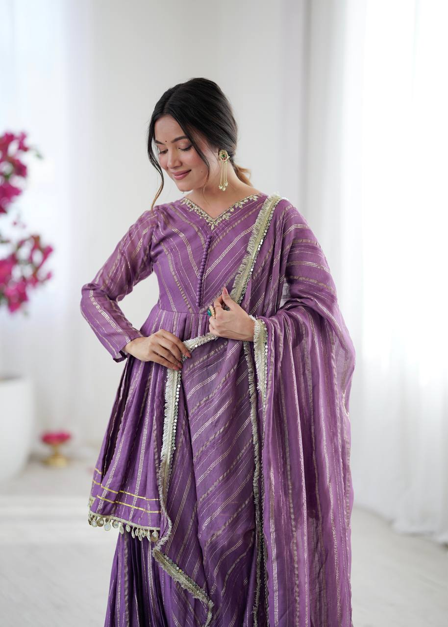 Evanik Lavender Mal Chanderi With Mirror & hand work Sharara Suit