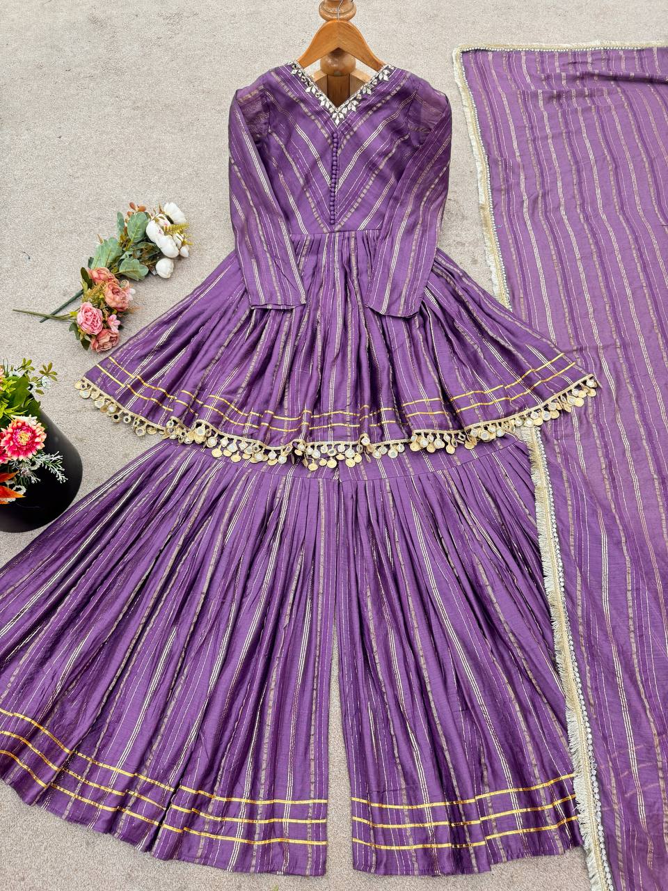 Evanik Lavender Mal Chanderi With Mirror & hand work Sharara Suit