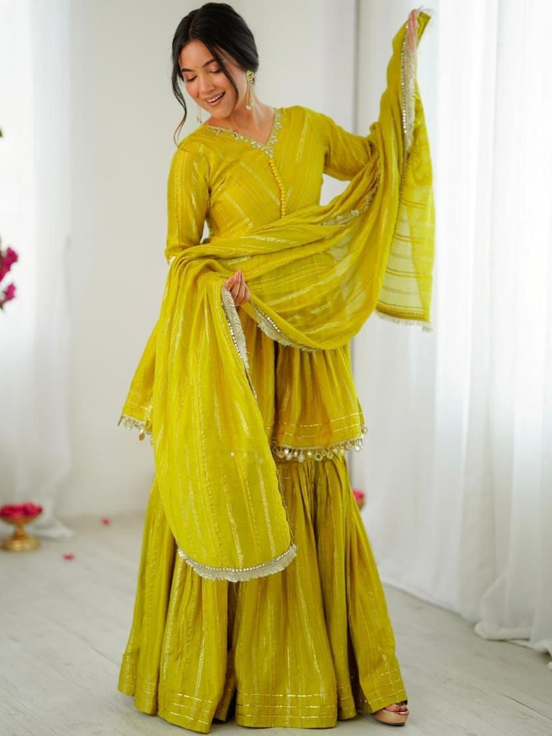 Evanik Yellow Mal Chanderi With Mirror & hand work Sharara Suit