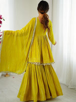Thumbnail for Evanik Yellow Mal Chanderi With Mirror & hand work Sharara Suit