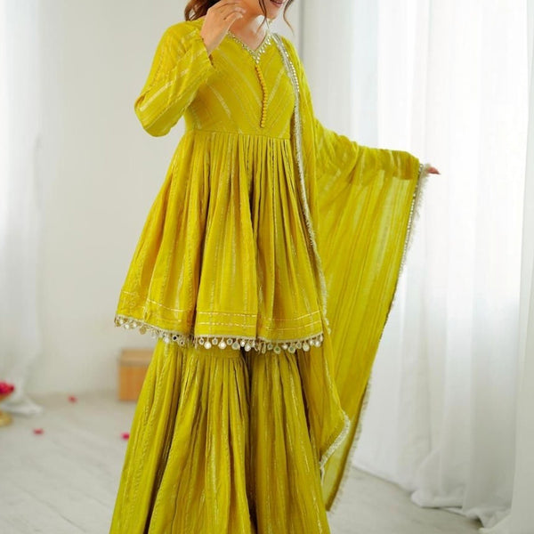 Evanik Yellow Mal Chanderi With Mirror & hand work Sharara Suit
