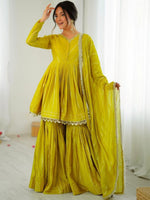 Thumbnail for Evanik Yellow Mal Chanderi With Mirror & hand work Sharara Suit