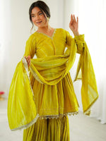 Thumbnail for Evanik Yellow Mal Chanderi With Mirror & hand work Sharara Suit