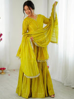 Thumbnail for Evanik Yellow Mal Chanderi With Mirror & hand work Sharara Suit