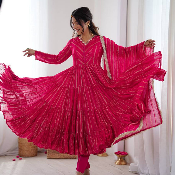 Evanik Ranipink Mal Chanderi Real Mirror With Handwork Wedding Anarkali Suit