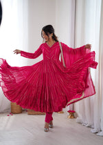 Thumbnail for Evanik Ranipink Mal Chanderi Real Mirror With Handwork Wedding Anarkali Suit