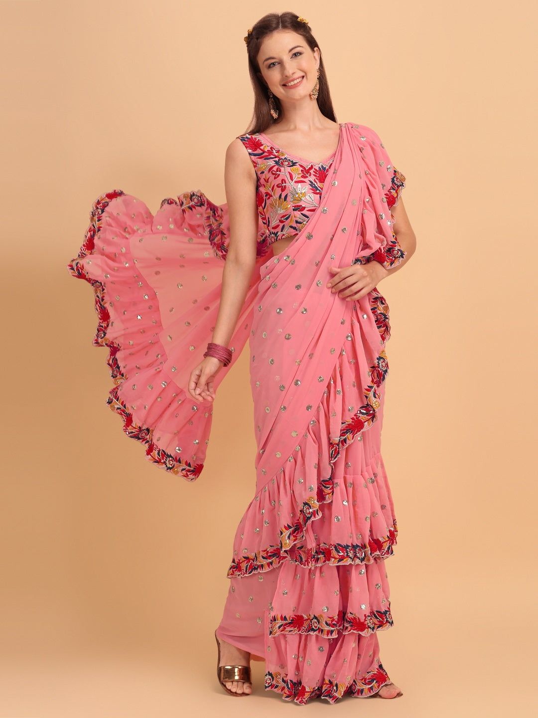 Evanik Peach Embroidered Work Ruffled Saree With Unstitched Blouse - Distacart