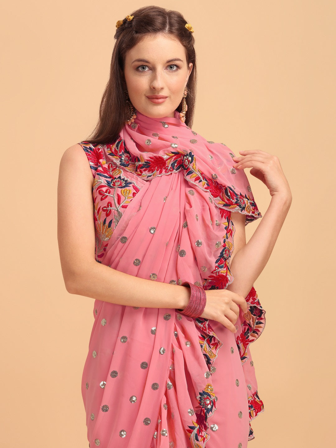 Evanik Peach Embroidered Work Ruffled Saree With Unstitched Blouse