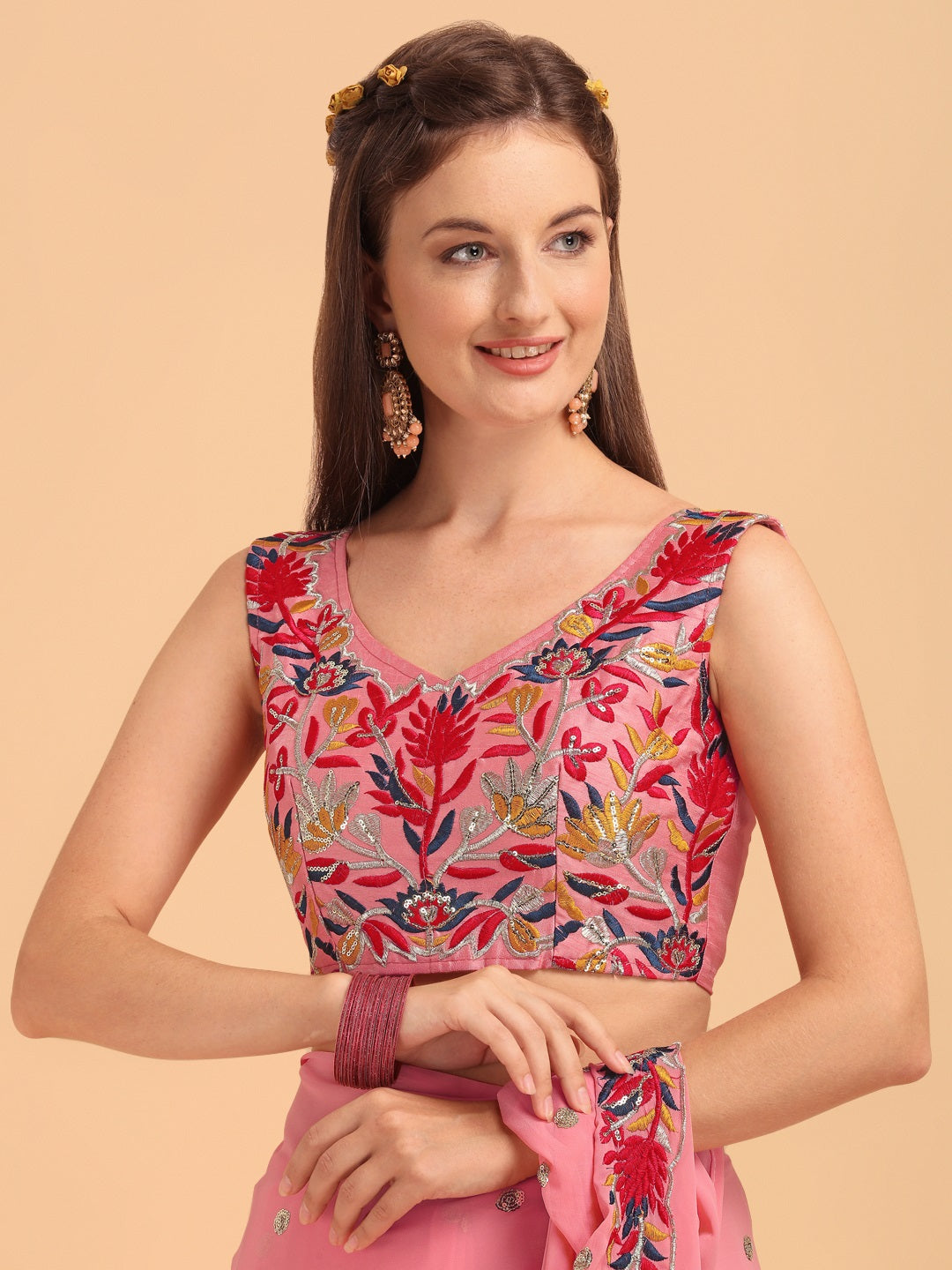 Evanik Peach Embroidered Work Ruffled Saree With Unstitched Blouse