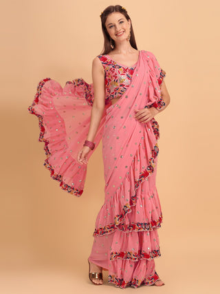 Evanik Peach Embroidered Work Ruffled Saree With Unstitched Blouse