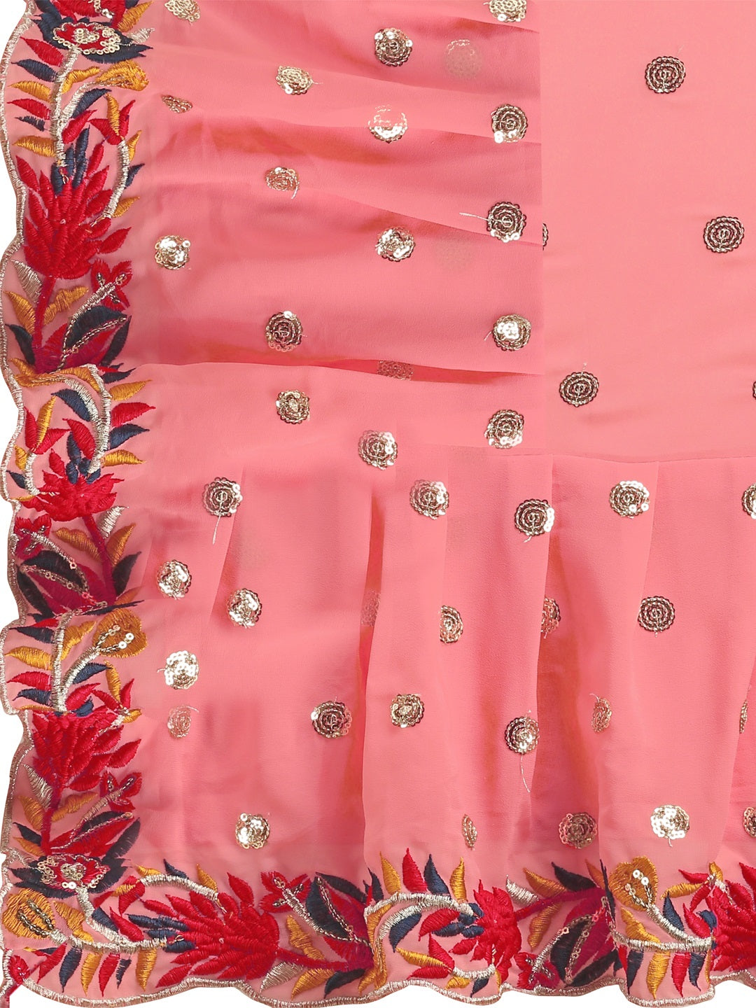 Evanik Peach Embroidered Work Ruffled Saree With Unstitched Blouse