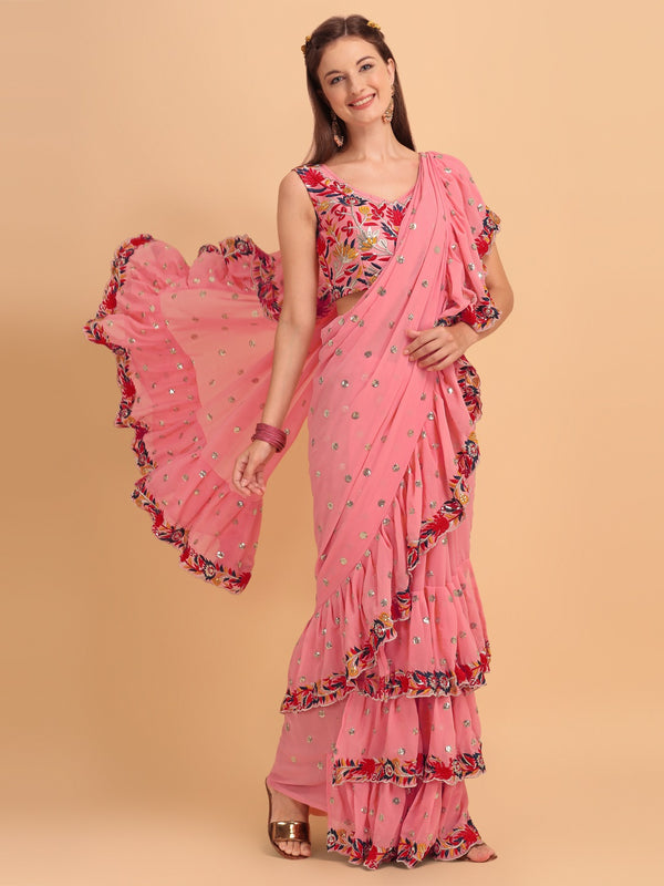 Evanik Peach Embroidered Work Ruffled Saree With Unstitched Blouse