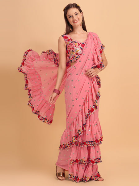 Evanik Peach Embroidered Work Ruffled Saree With Unstitched Blouse