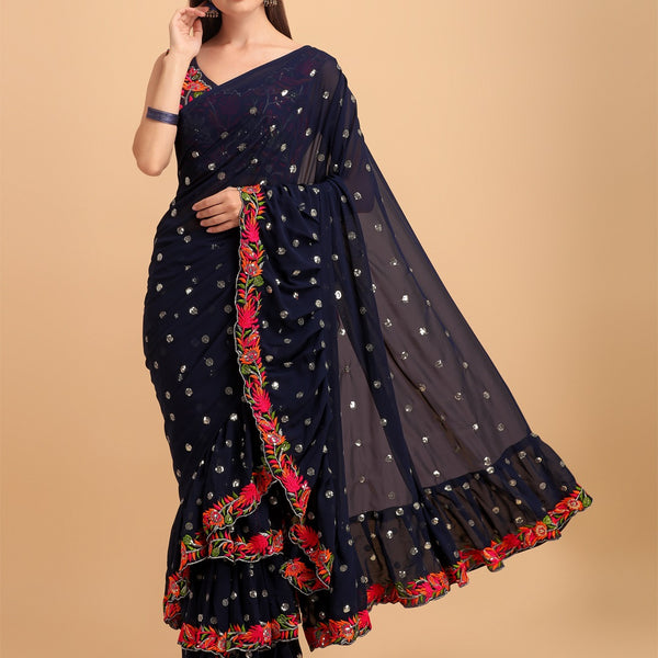 Evanik Navy Blue Embroidered Work Ruffled Saree With Unstitched Blouse