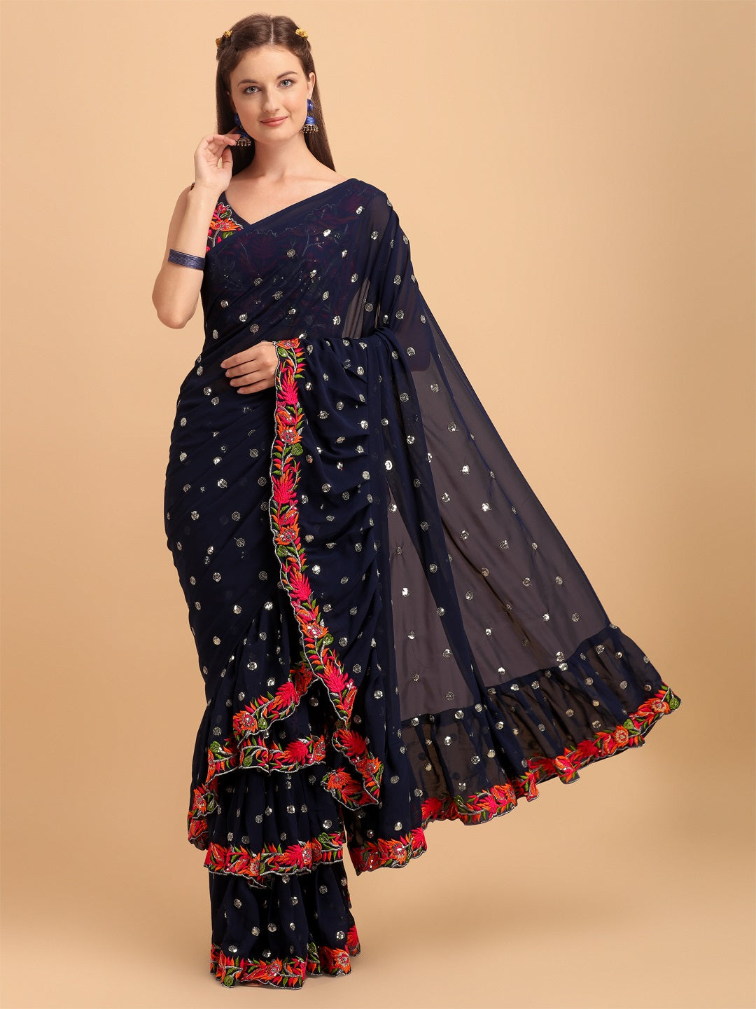 Evanik Navy Blue Embroidered Work Ruffled Saree With Unstitched Blouse - Distacart