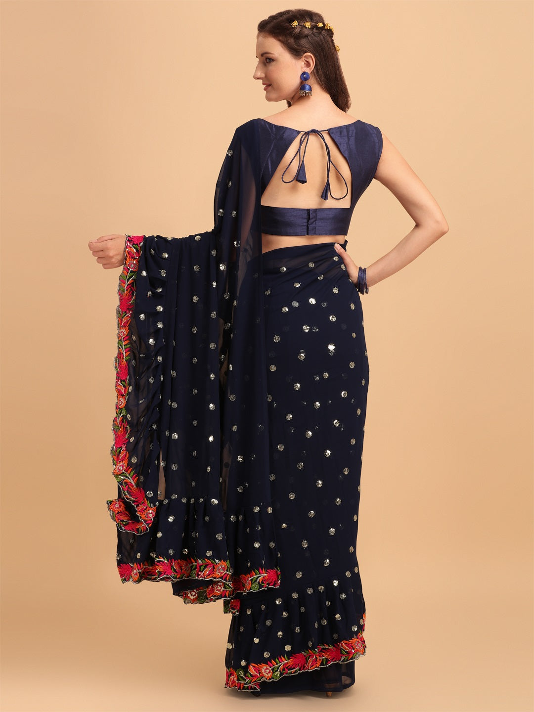 Evanik Navy Blue Embroidered Work Ruffled Saree With Unstitched Blouse - Distacart