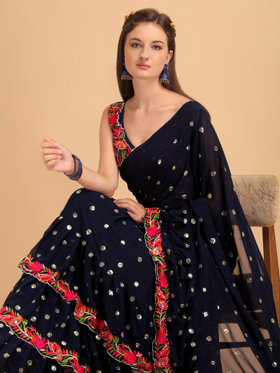 Evanik Navy Blue Embroidered Work Ruffled Saree With Unstitched Blouse - Distacart