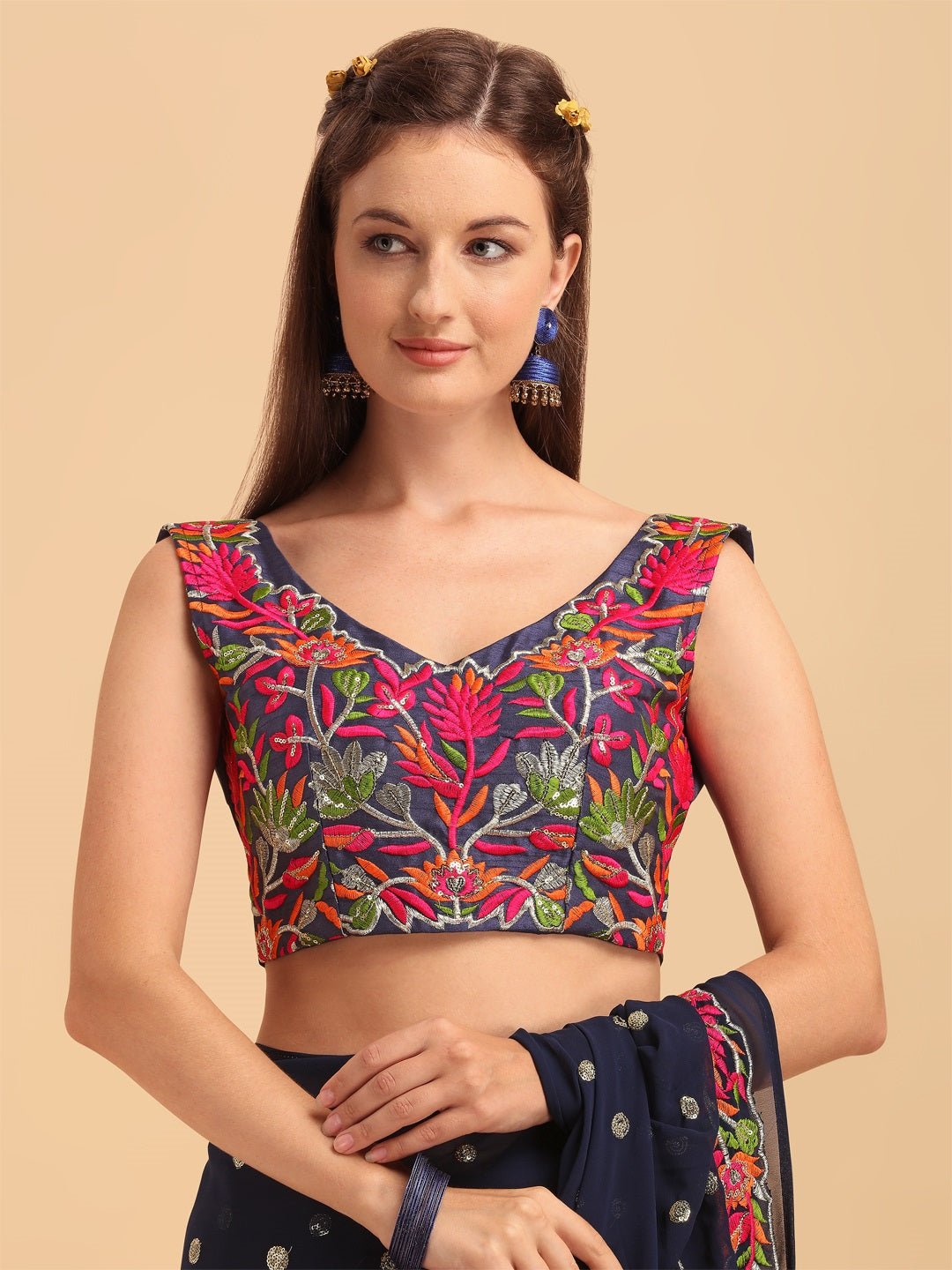 Evanik Navy Blue Embroidered Work Ruffled Saree With Unstitched Blouse - Distacart