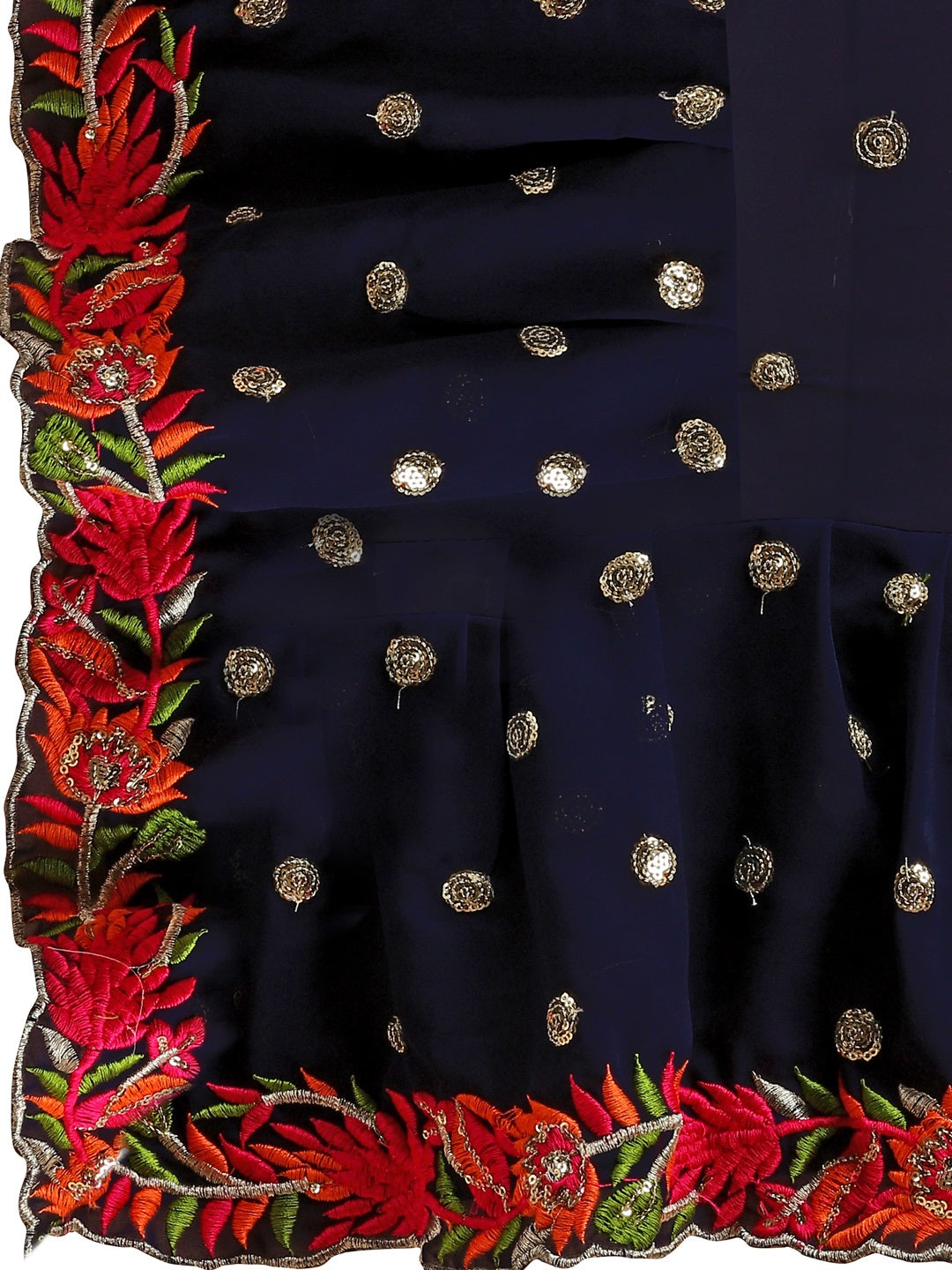 Evanik Navy Blue Embroidered Work Ruffled Saree With Unstitched Blouse - Distacart