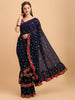 Evanik Navy Blue Embroidered Work Ruffled Saree With Unstitched Blouse - Distacart