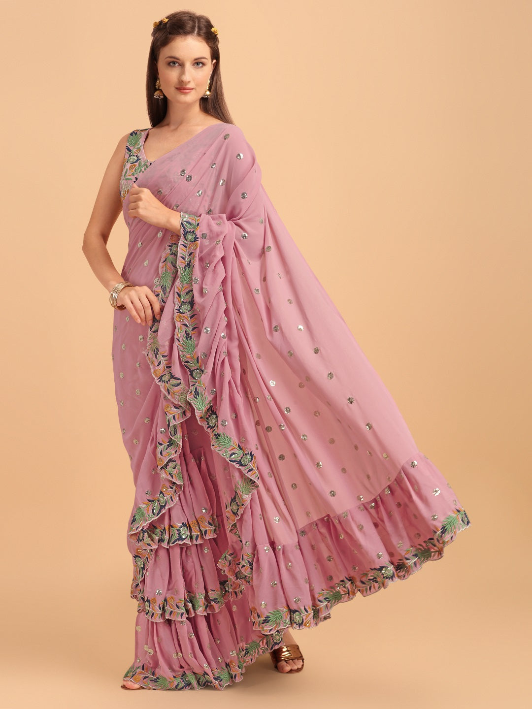 Evanik Pink Embroidered Work Ruffled Saree With Unstitched Blouse
