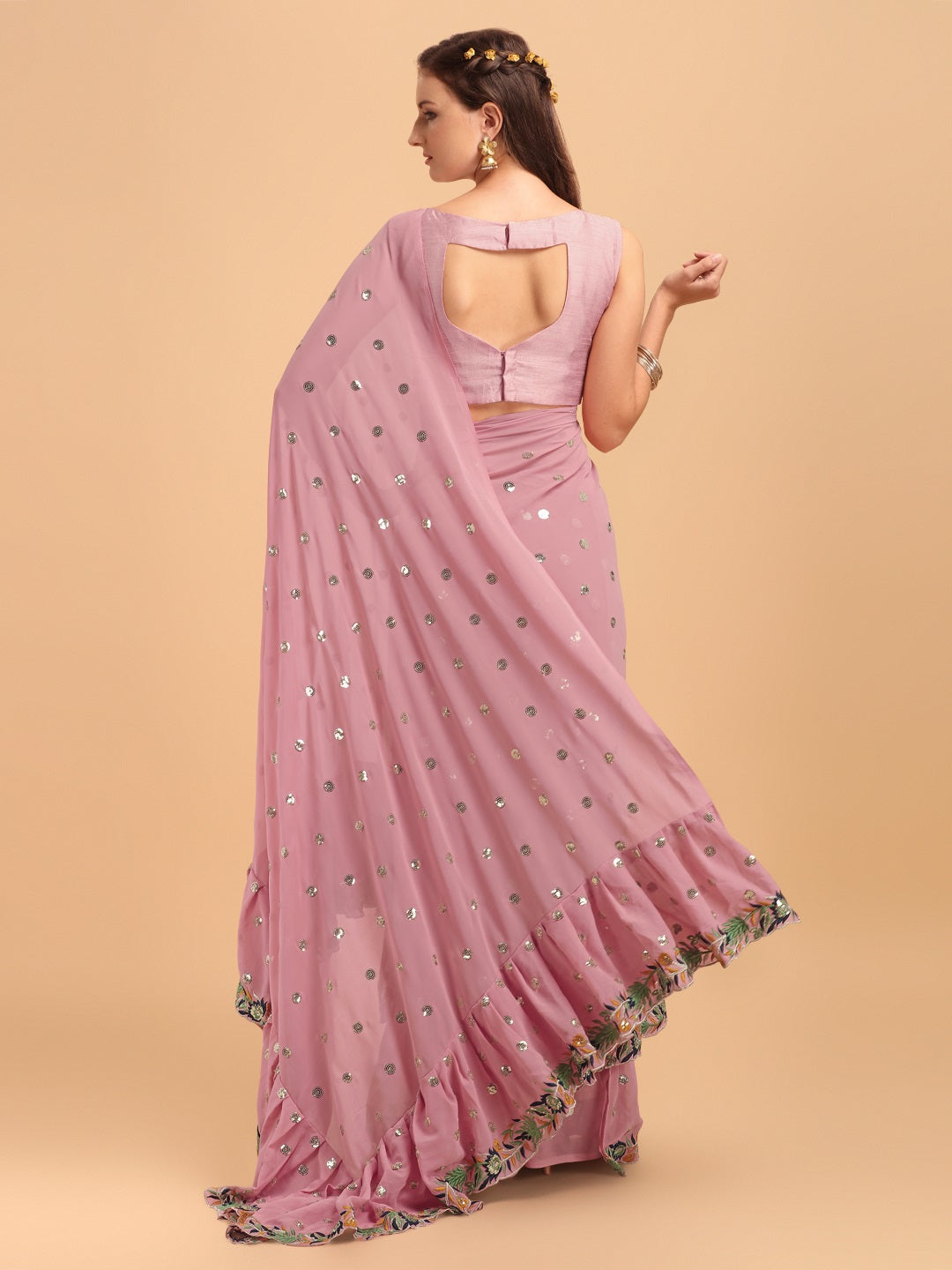 Evanik Pink Embroidered Work Ruffled Saree With Unstitched Blouse