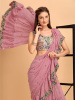 Thumbnail for Evanik Pink Embroidered Work Ruffled Saree With Unstitched Blouse
