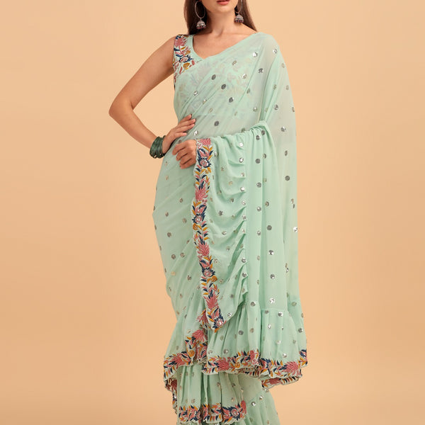 Evanik Seagreen Embroidered Work Ruffled Saree With Unstitched Blouse