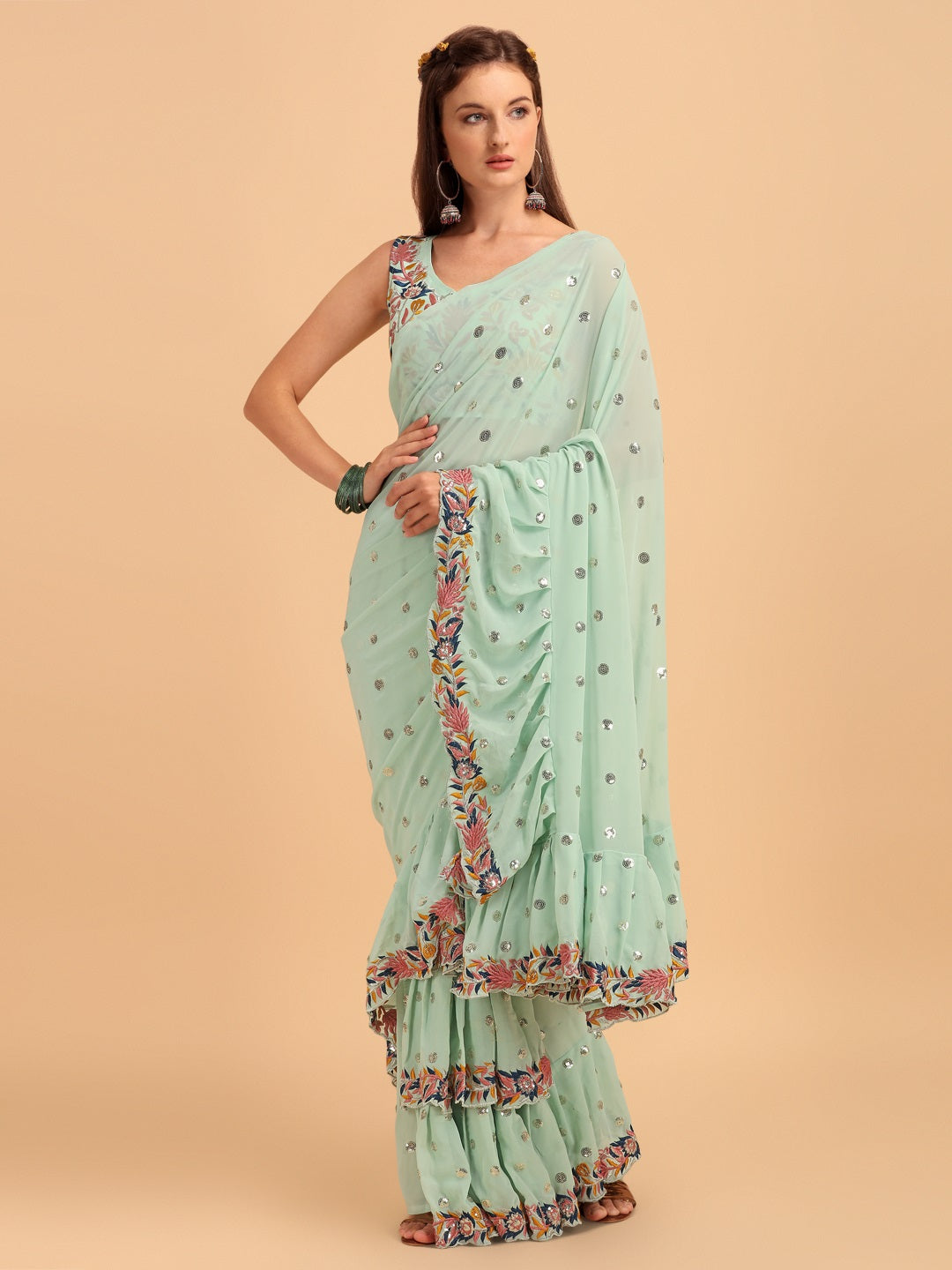 Evanik Seagreen Embroidered Work Ruffled Saree With Unstitched Blouse - Distacart