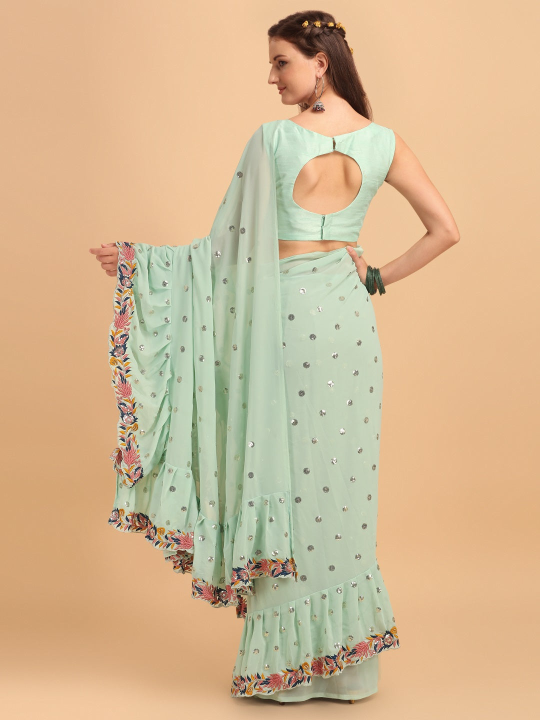 Evanik Seagreen Embroidered Work Ruffled Saree With Unstitched Blouse