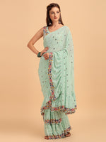 Thumbnail for Evanik Seagreen Embroidered Work Ruffled Saree With Unstitched Blouse