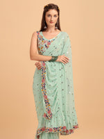 Thumbnail for Evanik Seagreen Embroidered Work Ruffled Saree With Unstitched Blouse