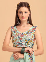 Thumbnail for Evanik Seagreen Embroidered Work Ruffled Saree With Unstitched Blouse