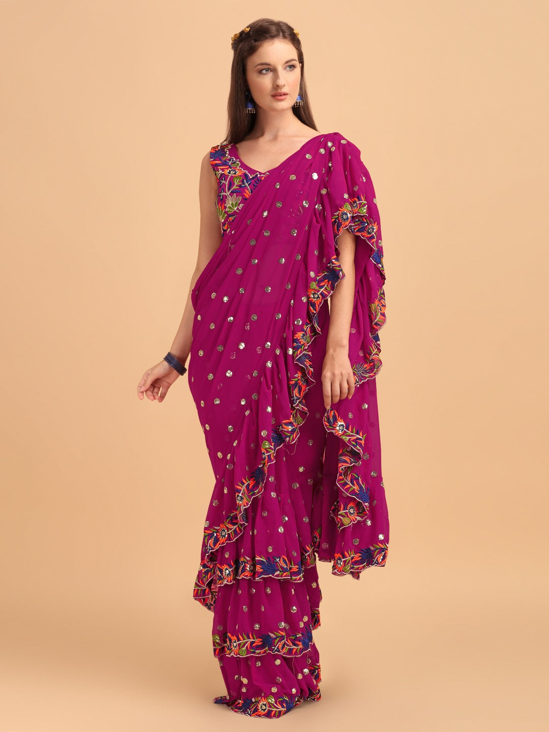 Evanik Rani Pink Embroidered Work Ruffled Saree With Unstitched Blouse - Distacart