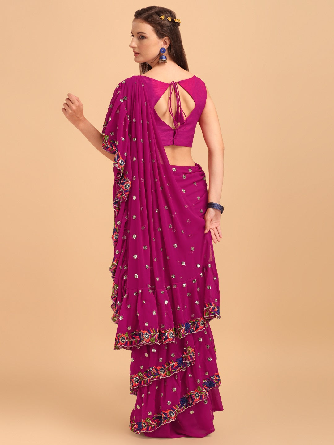 Evanik Rani Pink Embroidered Work Ruffled Saree With Unstitched Blouse - Distacart