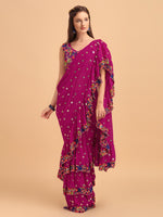 Thumbnail for Evanik Rani Pink Embroidered Work Ruffled Saree With Unstitched Blouse