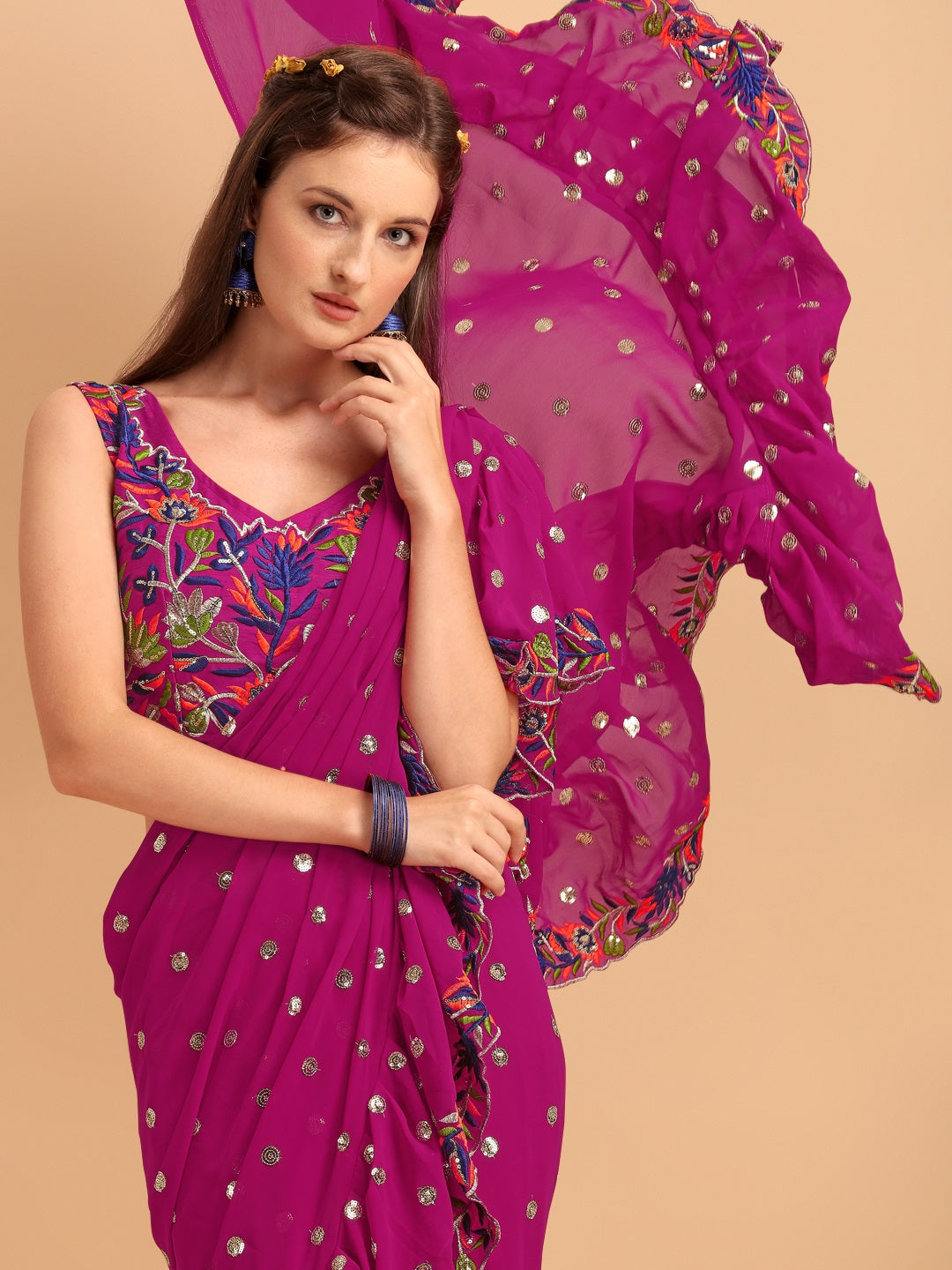 Evanik Rani Pink Embroidered Work Ruffled Saree With Unstitched Blouse - Distacart